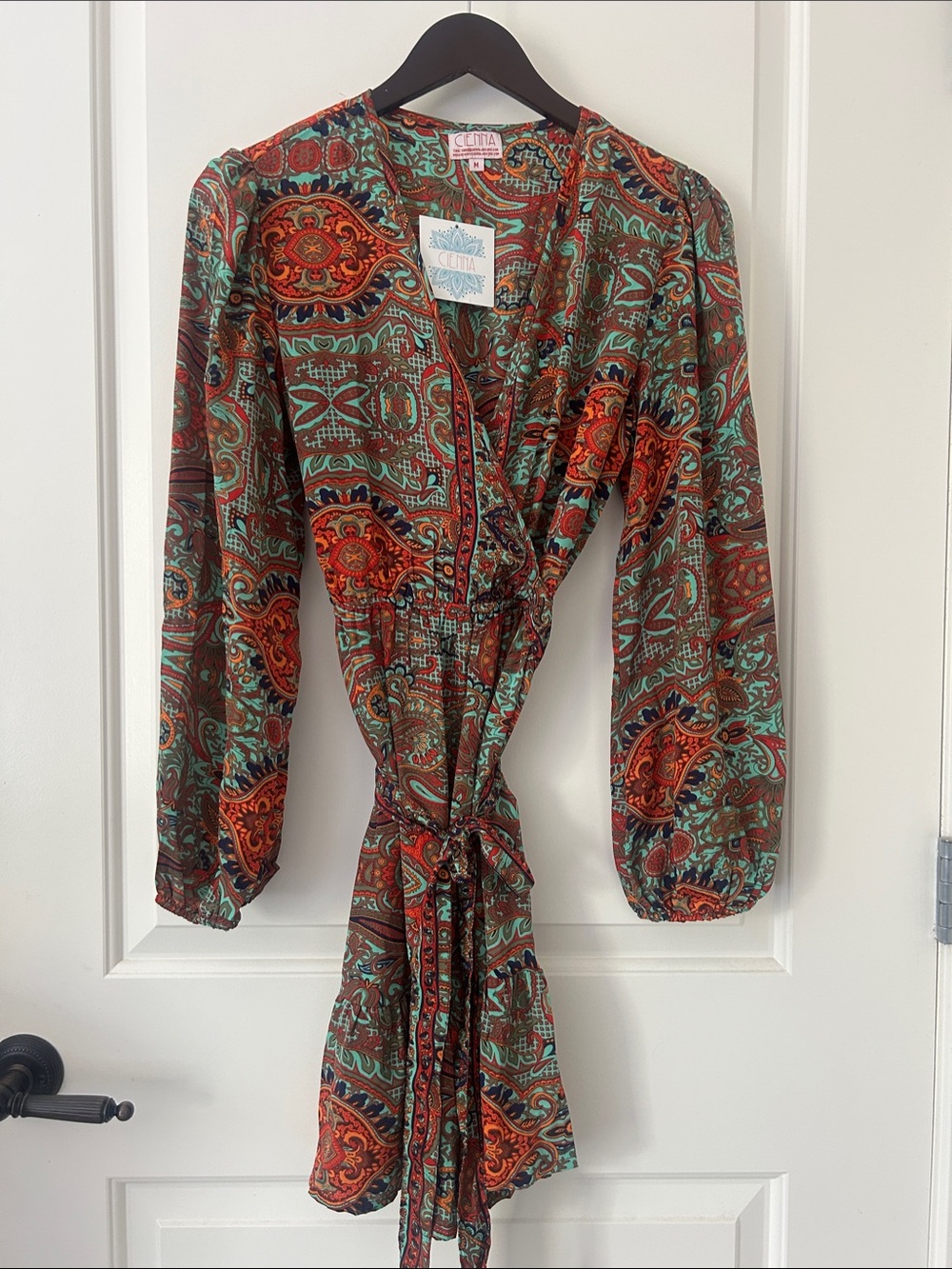 Cienna Bohemian Long-Sleeve Paisley Faux Wrap Dress in Teal, Brown & Orange